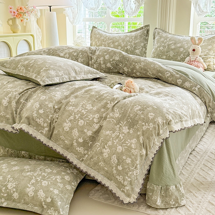 91家纺网 家纺一手货源 找家纺 韩约家纺 2025新款1全棉镂空双色刺绣花边床单款加厚棉麻四件套 美伊