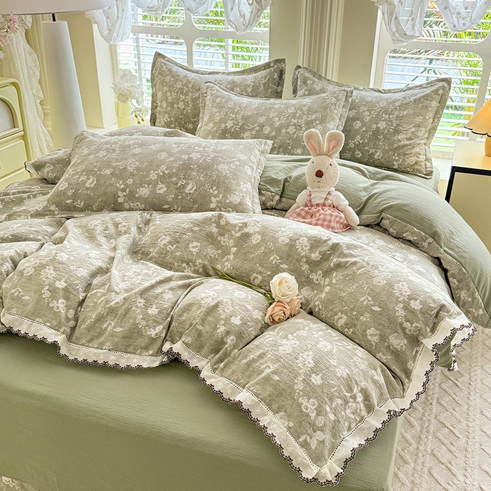 91家纺网 家纺一手货源 找家纺 韩约家纺 2025新款1全棉镂空双色刺绣花边床单款加厚棉麻四件套 美伊