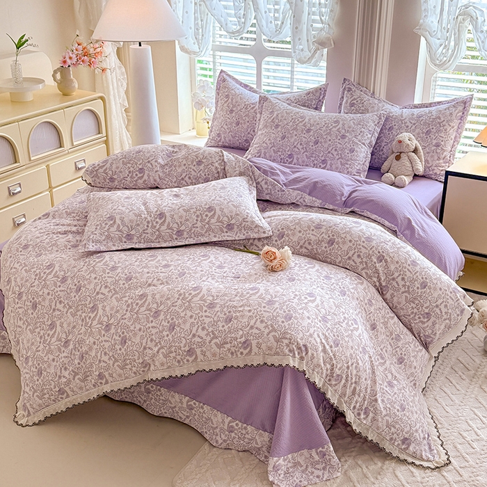 91家纺网 家纺一手货源 找家纺 韩约家纺 2025新款1全棉镂空双色刺绣花边床单款加厚棉麻四件套 若彩