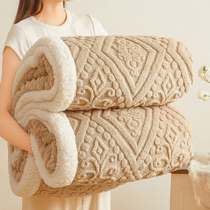 91家纺网 家纺一手货源 找家纺 世纪绒品 2025新款5D雕花毛毯 焦糖