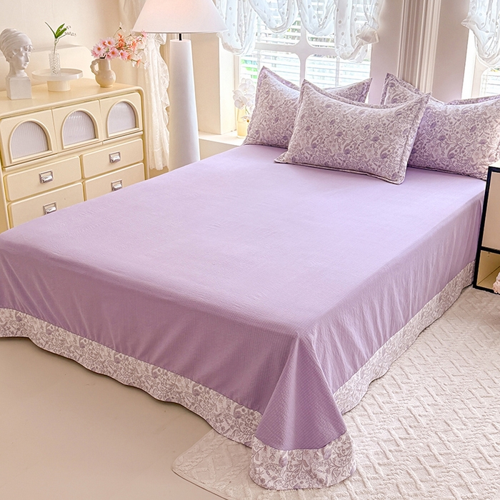 91家纺网 家纺一手货源 找家纺 韩约家纺 2025新款1全棉镂空双色刺绣花边床单款加厚棉麻四件套 若彩