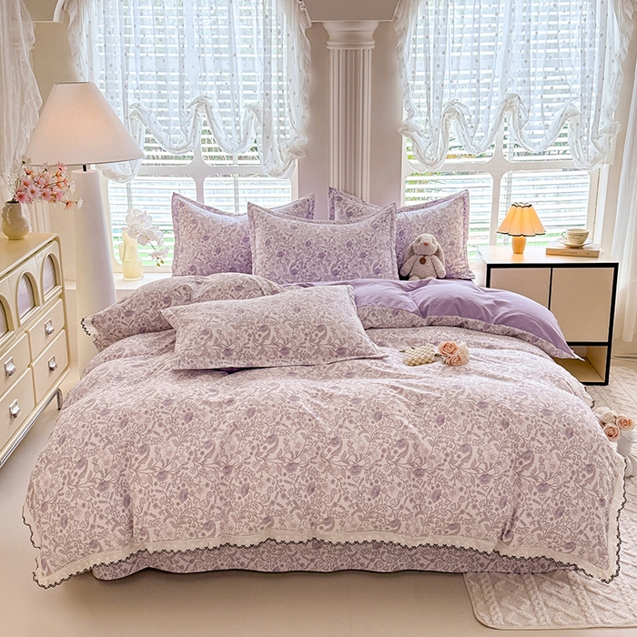 91家纺网 家纺一手货源 找家纺 韩约家纺 2025新款1全棉镂空双色刺绣花边床单款加厚棉麻四件套 若彩