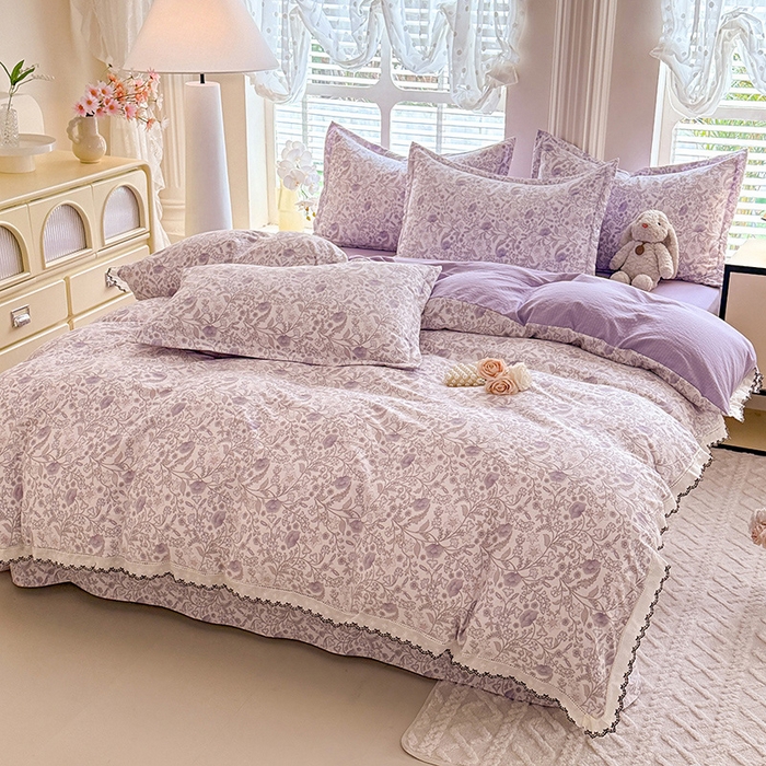 91家纺网 家纺一手货源 找家纺 韩约家纺 2025新款1全棉镂空双色刺绣花边床单款加厚棉麻四件套 若彩