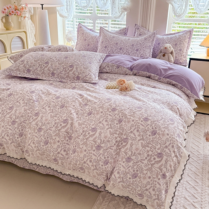 91家纺网 家纺一手货源 找家纺 韩约家纺 2025新款1全棉镂空双色刺绣花边床单款加厚棉麻四件套 若彩