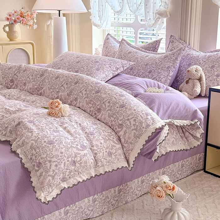 91家纺网 家纺一手货源 找家纺 韩约家纺 2025新款1全棉镂空双色刺绣花边床单款加厚棉麻四件套 若彩