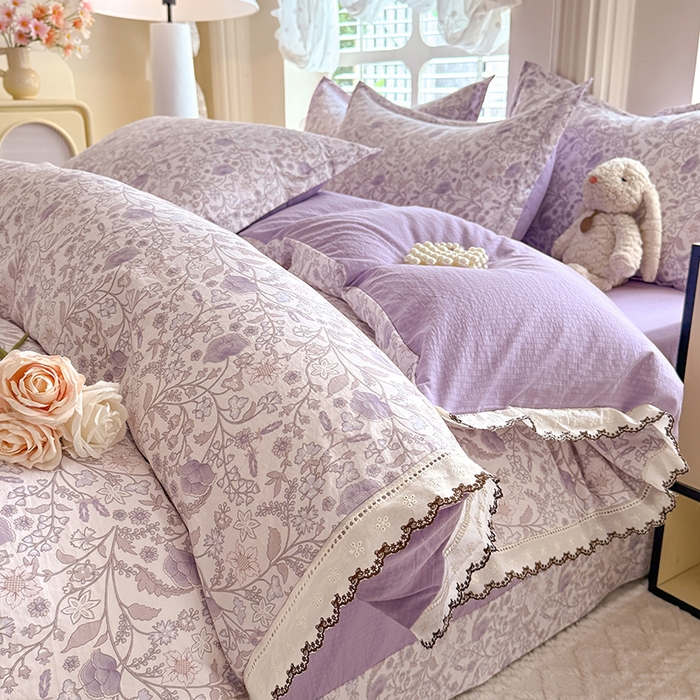 91家纺网 家纺一手货源 找家纺 韩约家纺 2025新款1全棉镂空双色刺绣花边床单款加厚棉麻四件套 若彩