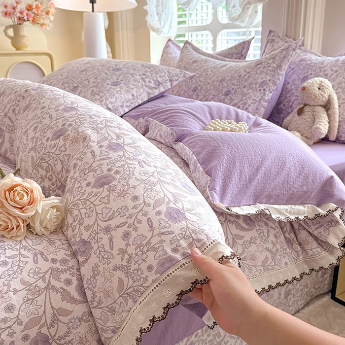 91家纺网 家纺一手货源 找家纺 韩约家纺 2025新款1全棉镂空双色刺绣花边床单款加厚棉麻四件套 若彩