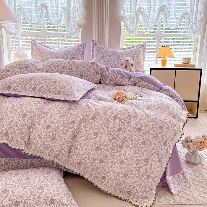 91家纺网 家纺一手货源 找家纺 韩约家纺 2025新款1全棉镂空双色刺绣花边床单款加厚棉麻四件套 若彩