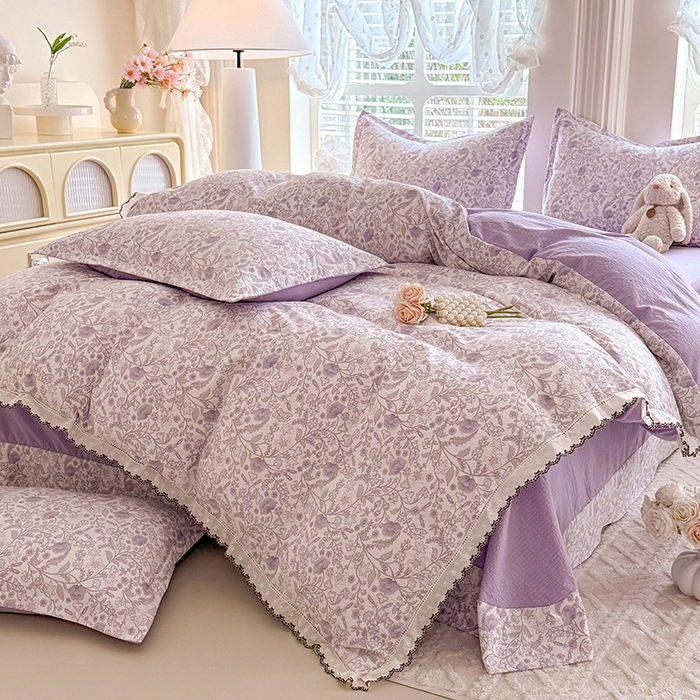 91家纺网 家纺一手货源 找家纺 韩约家纺 2025新款1全棉镂空双色刺绣花边床单款加厚棉麻四件套 若彩