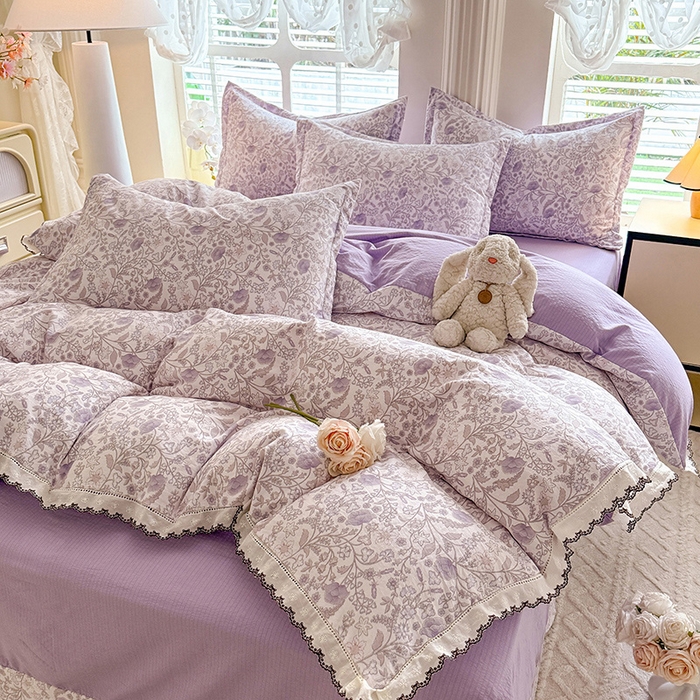 91家纺网 家纺一手货源 找家纺 韩约家纺 2025新款1全棉镂空双色刺绣花边床单款加厚棉麻四件套 若彩