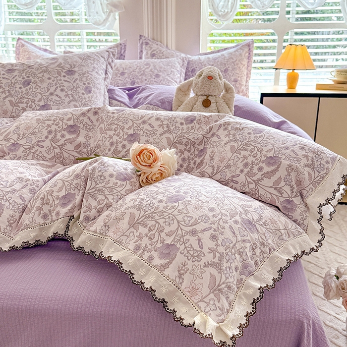 91家纺网 家纺一手货源 找家纺 韩约家纺 2025新款1全棉镂空双色刺绣花边床单款加厚棉麻四件套 若彩