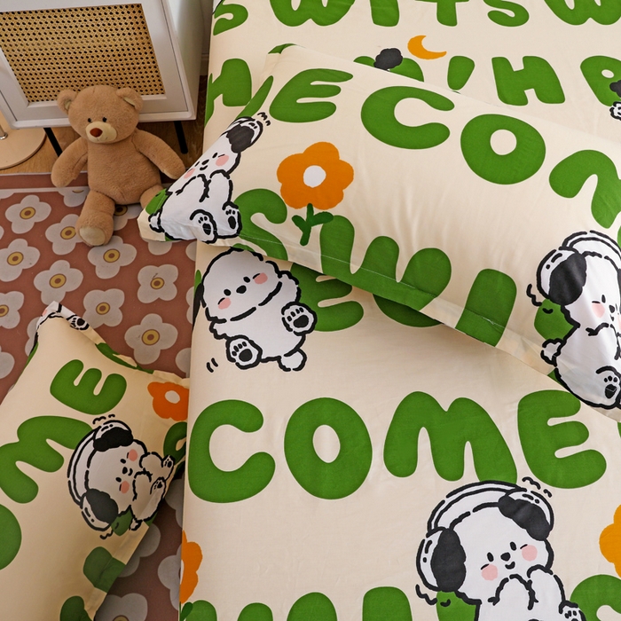 91家纺网 家纺一手货源 找家纺 金盛纺 2025新款13372全棉印花单品床笠 屁屁狗