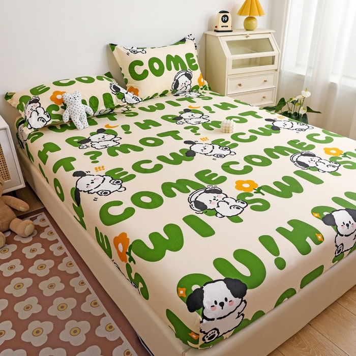 91家纺网 家纺一手货源 找家纺 金盛纺 2025新款13372全棉印花单品床笠 屁屁狗