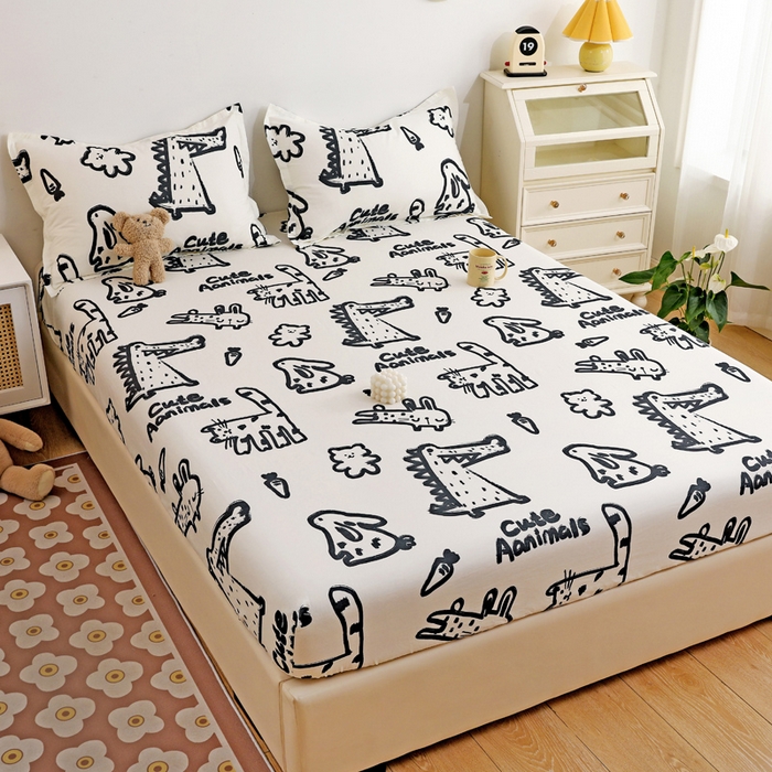 91家纺网 家纺一手货源 找家纺 金盛纺 2025新款13372全棉印花单品床笠 趣味恐龙