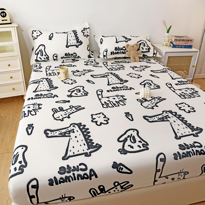 91家纺网 家纺一手货源 找家纺 金盛纺 2025新款13372全棉印花单品床笠 趣味恐龙