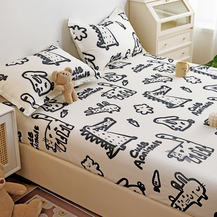 91家纺网 家纺一手货源 找家纺 金盛纺 2025新款13372全棉印花单品床笠 趣味恐龙