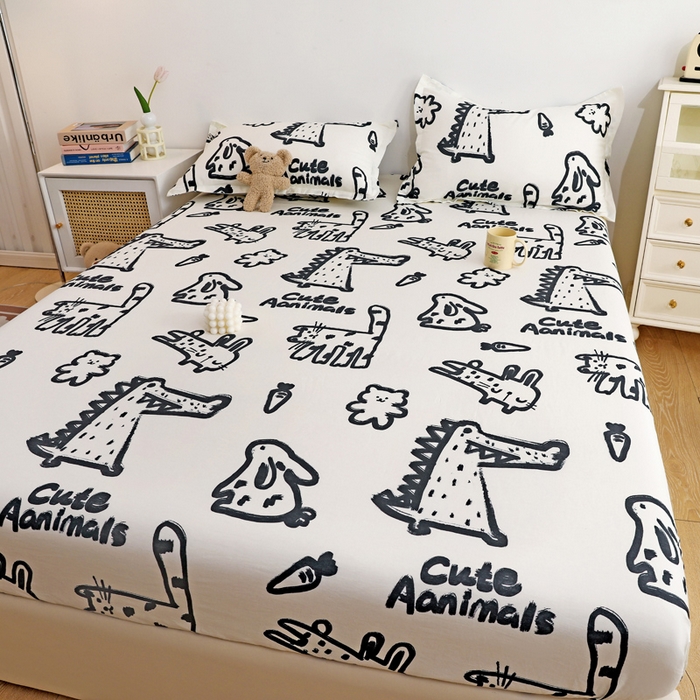 91家纺网 家纺一手货源 找家纺 金盛纺 2025新款13372全棉印花单品床笠 趣味恐龙