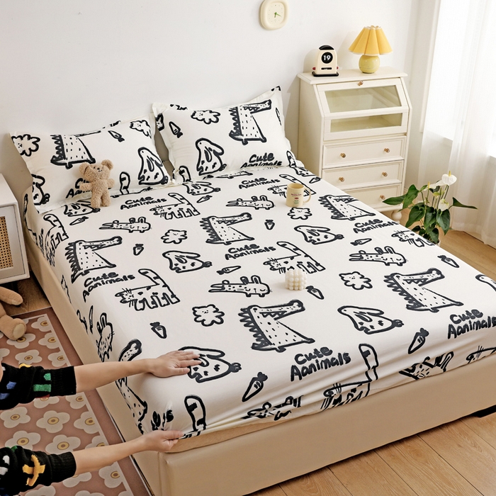 91家纺网 家纺一手货源 找家纺 金盛纺 2025新款13372全棉印花单品床笠 趣味恐龙