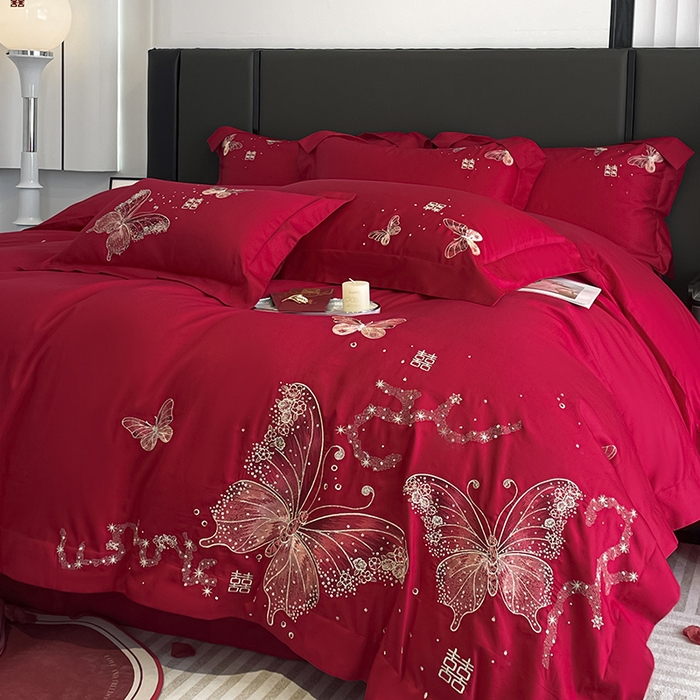 91家纺网 家纺一手货源 找家纺 （总）2025婚庆A类全棉四件套纯棉被套重工刺绣简约红色床单长绒棉结婚爆款床上用品