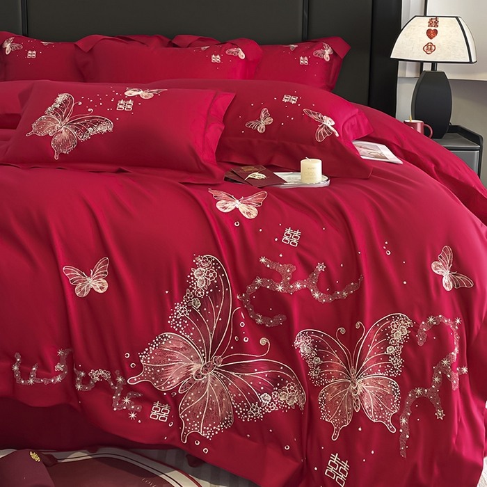 91家纺网 家纺一手货源 找家纺 （总）2025婚庆A类全棉四件套纯棉被套重工刺绣简约红色床单长绒棉结婚爆款床上用品