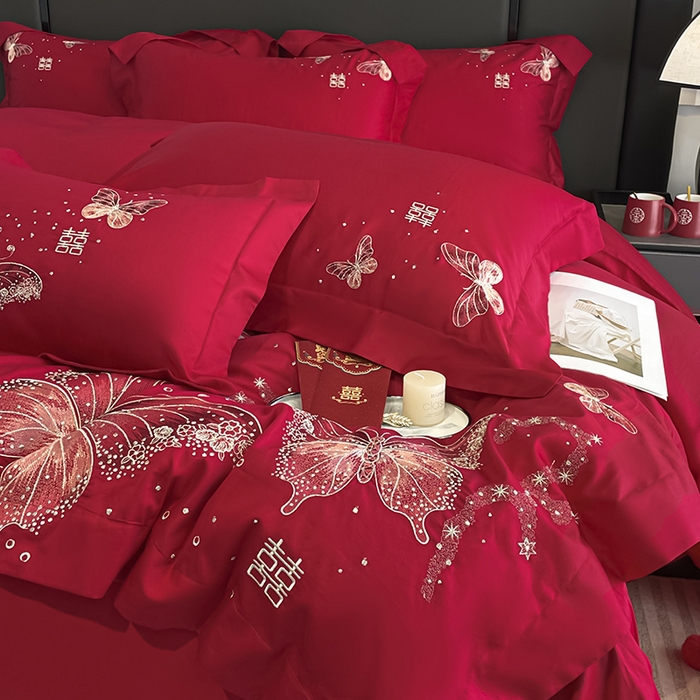 91家纺网 家纺一手货源 找家纺 （总）2025婚庆A类全棉四件套纯棉被套重工刺绣简约红色床单长绒棉结婚爆款床上用品