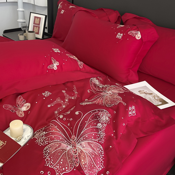 91家纺网 家纺一手货源 找家纺 （总）2025婚庆A类全棉四件套纯棉被套重工刺绣简约红色床单长绒棉结婚爆款床上用品