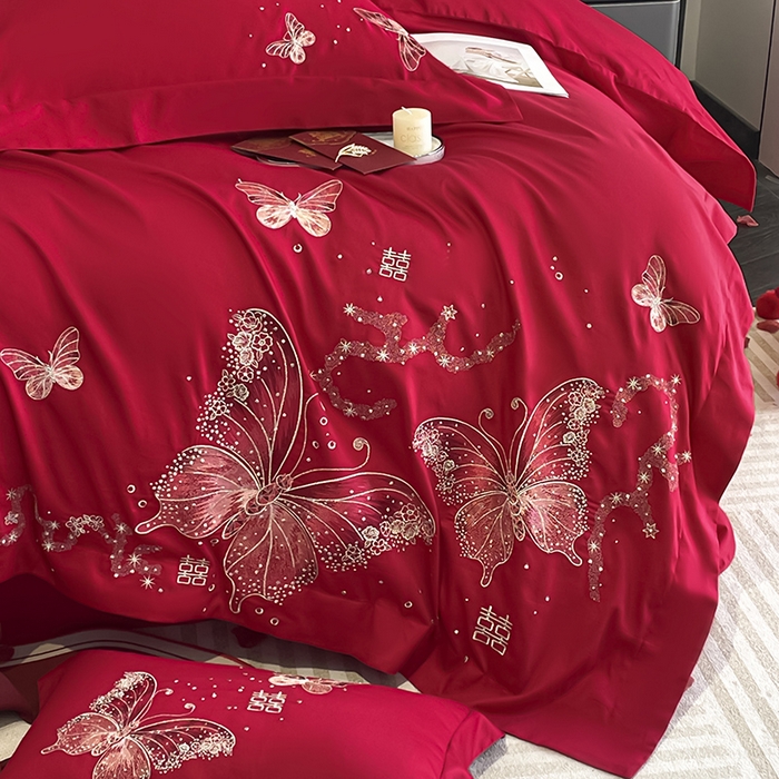 91家纺网 家纺一手货源 找家纺 （总）2025婚庆A类全棉四件套纯棉被套重工刺绣简约红色床单长绒棉结婚爆款床上用品