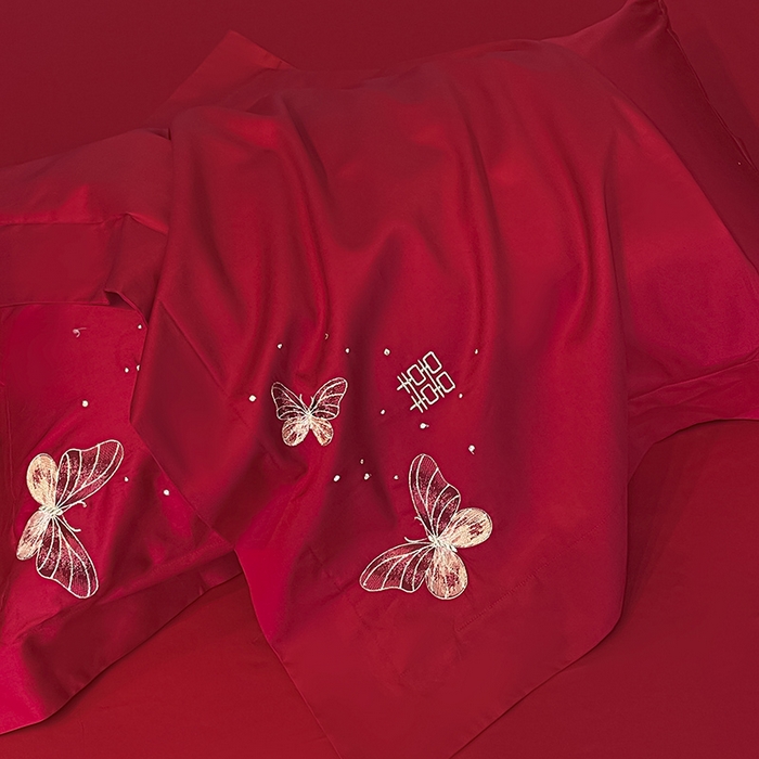 91家纺网 家纺一手货源 找家纺 （总）2025婚庆A类全棉四件套纯棉被套重工刺绣简约红色床单长绒棉结婚爆款床上用品