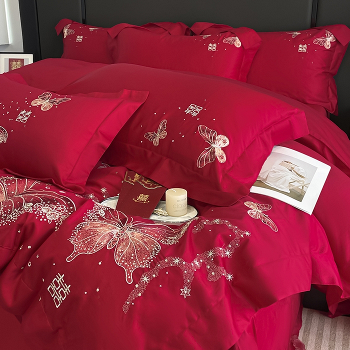 91家纺网 家纺一手货源 找家纺 （总）2025婚庆A类全棉四件套纯棉被套重工刺绣简约红色床单长绒棉结婚爆款床上用品