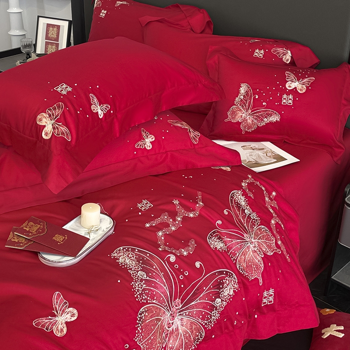 91家纺网 家纺一手货源 找家纺 （总）2025婚庆A类全棉四件套纯棉被套重工刺绣简约红色床单长绒棉结婚爆款床上用品