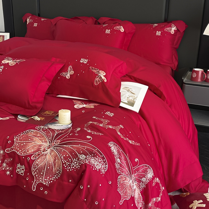 91家纺网 家纺一手货源 找家纺 （总）2025婚庆A类全棉四件套纯棉被套重工刺绣简约红色床单长绒棉结婚爆款床上用品