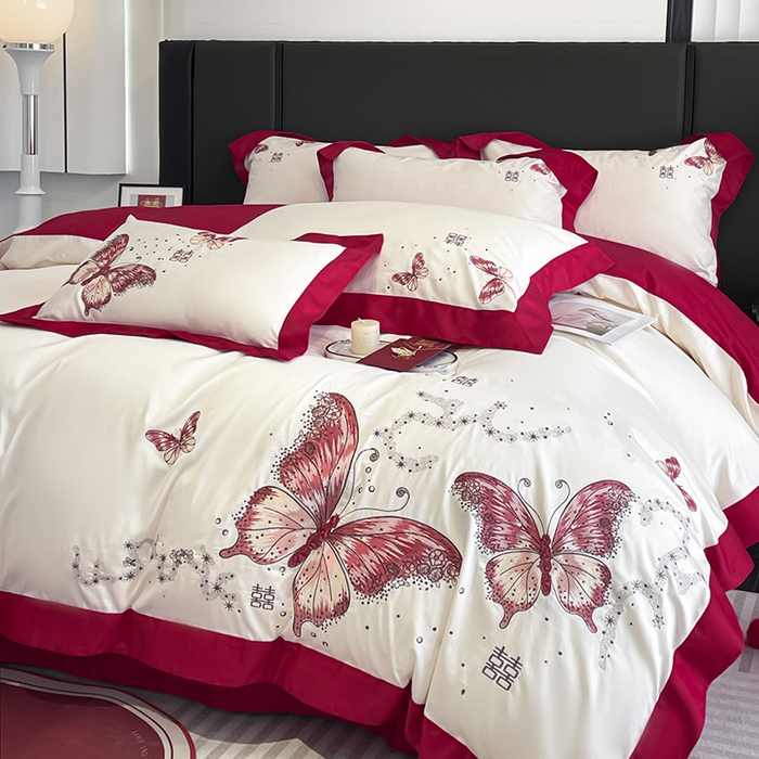 91家纺网 家纺一手货源 找家纺 2025婚庆A类全棉四件套纯棉被套重工刺绣简约红色床单长绒棉结婚爆款床上用品 琉璃蝶梦-新妍玉