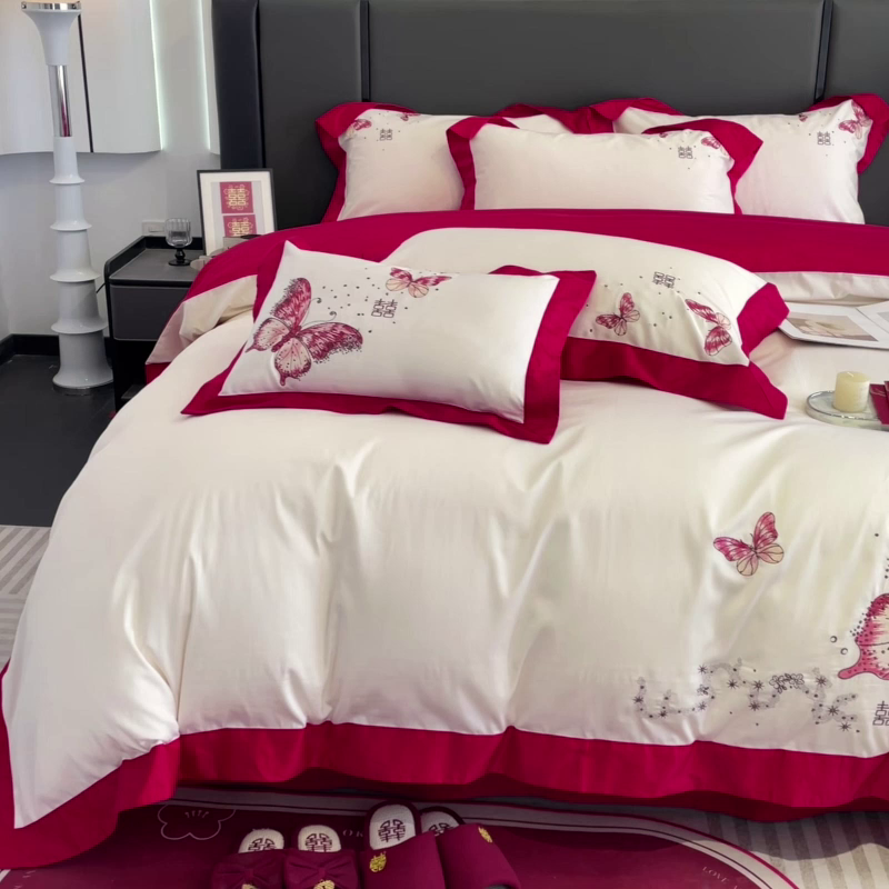 91家纺网 家纺一手货源 找家纺 2025婚庆A类全棉四件套纯棉被套重工刺绣简约红色床单长绒棉结婚爆款床上用品 琉璃蝶梦-新妍玉