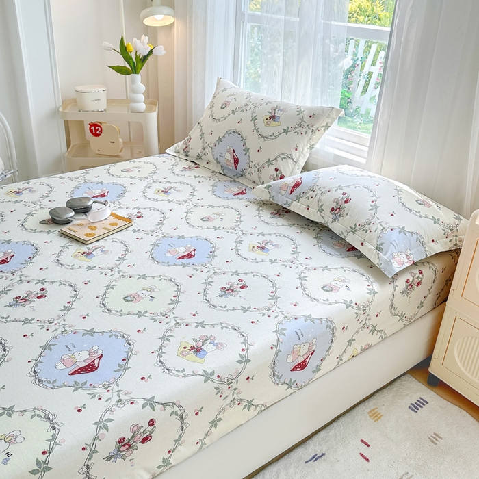 91家纺网 家纺一手货源 找家纺 金盛纺 2025新款13372全棉印花单品床笠 春游泡泡