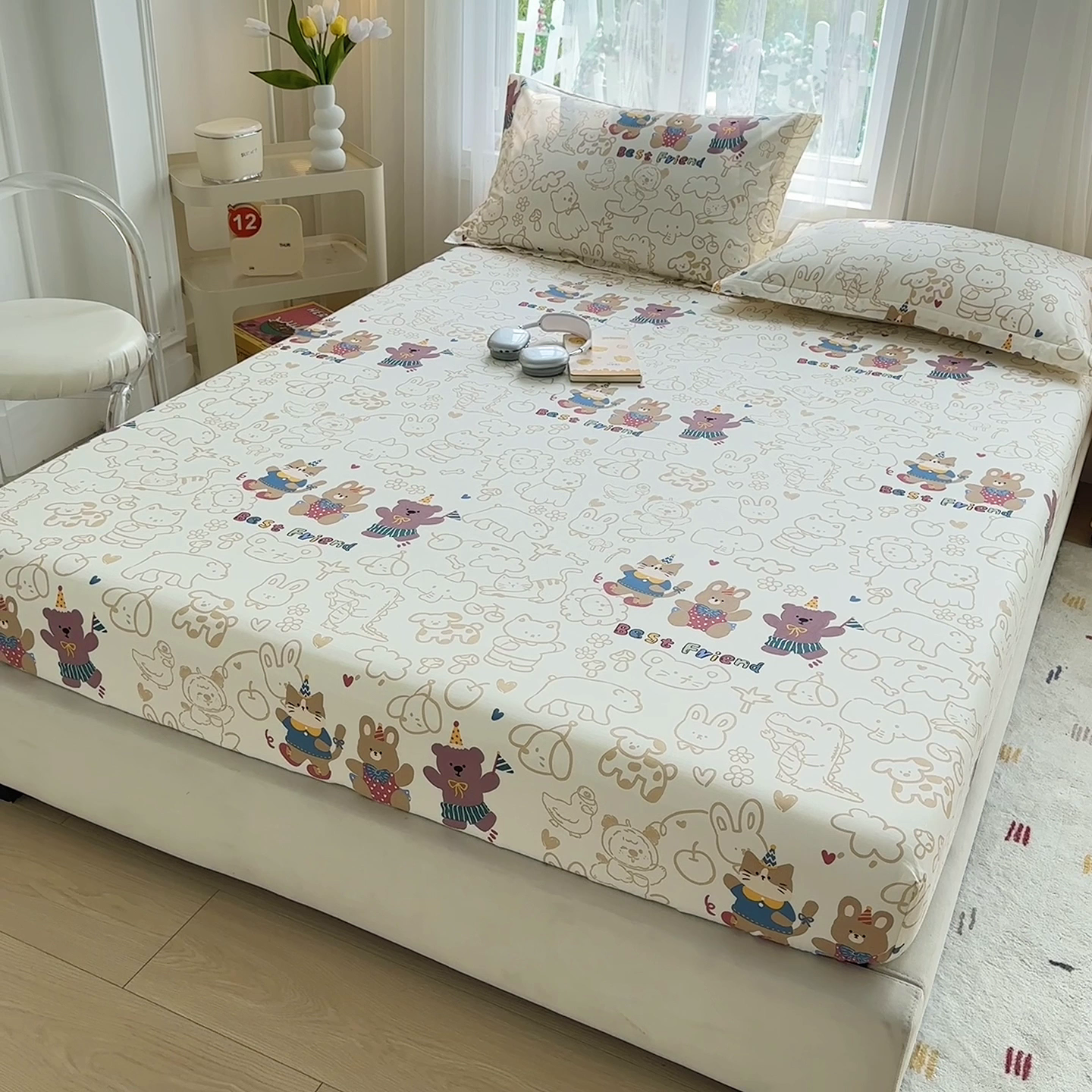 91家纺网 家纺一手货源 找家纺 金盛纺 2025新款13372全棉印花单品床笠 小童趣