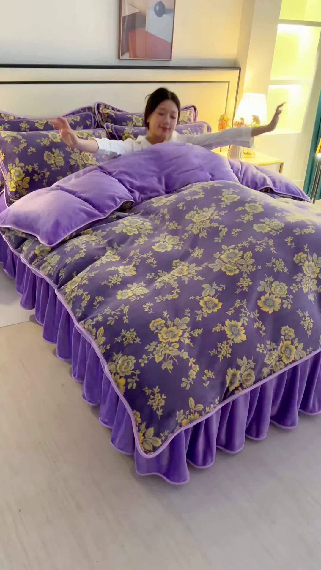 91家纺网 家纺一手货源 找家纺 望淮 2025新款230g印花金貂绒牛奶绒四件套 蔷薇-紫