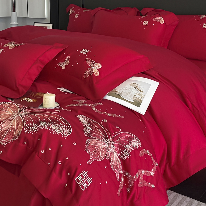 91家纺网 家纺一手货源 找家纺 2025婚庆A类全棉四件套纯棉被套重工刺绣简约红色床单长绒棉结婚爆款床上用品 琉璃蝶梦-喜庆红