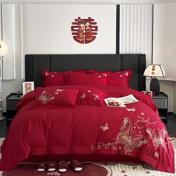 91家纺网 家纺一手货源 找家纺 2025婚庆A类全棉四件套纯棉被套重工刺绣简约红色床单长绒棉结婚爆款床上用品 琉璃蝶梦-喜庆红