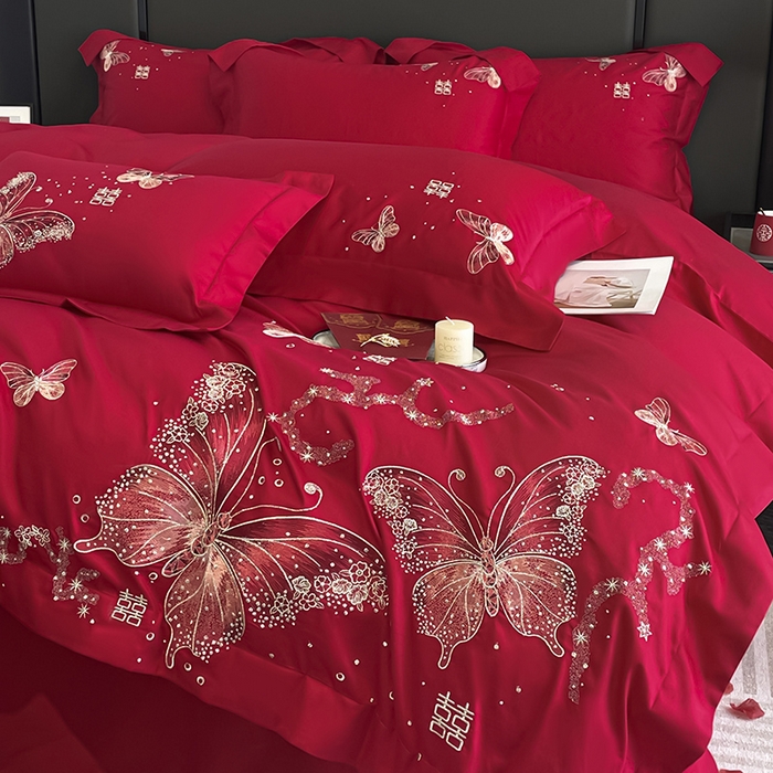 91家纺网 家纺一手货源 找家纺 2025婚庆A类全棉四件套纯棉被套重工刺绣简约红色床单长绒棉结婚爆款床上用品 琉璃蝶梦-喜庆红