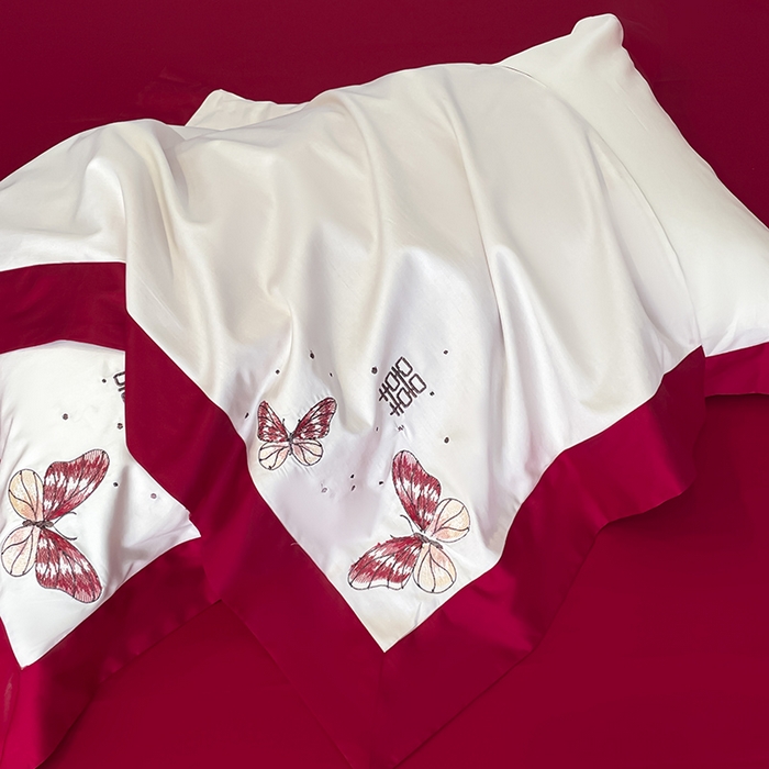 91家纺网 家纺一手货源 找家纺 2025婚庆A类全棉四件套纯棉被套重工刺绣简约红色床单长绒棉结婚爆款床上用品 琉璃蝶梦-新妍玉