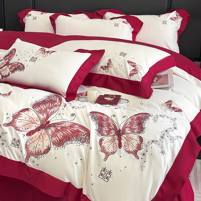 91家纺网 家纺一手货源 找家纺 2025婚庆A类全棉四件套纯棉被套重工刺绣简约红色床单长绒棉结婚爆款床上用品 琉璃蝶梦-新妍玉