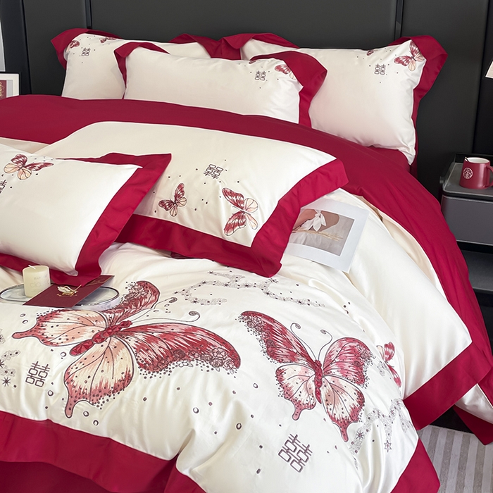 91家纺网 家纺一手货源 找家纺 2025婚庆A类全棉四件套纯棉被套重工刺绣简约红色床单长绒棉结婚爆款床上用品 琉璃蝶梦-新妍玉