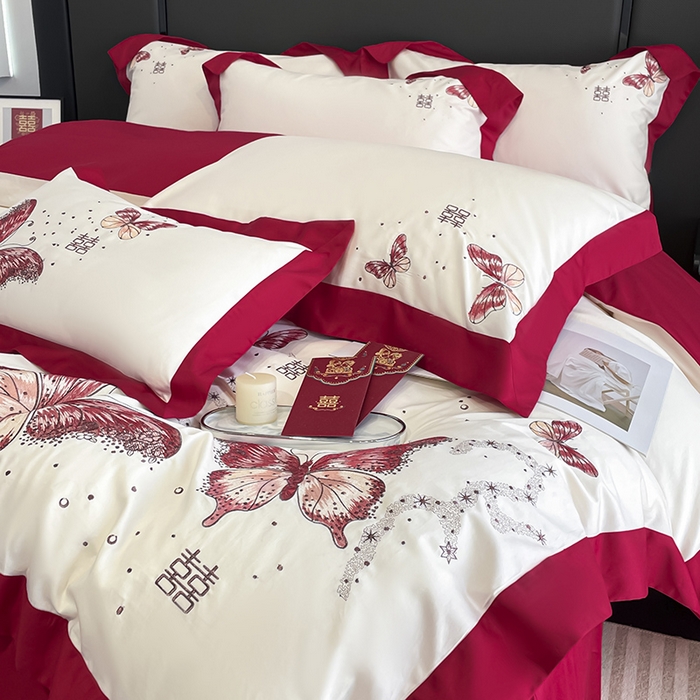 91家纺网 家纺一手货源 找家纺 2025婚庆A类全棉四件套纯棉被套重工刺绣简约红色床单长绒棉结婚爆款床上用品 琉璃蝶梦-新妍玉
