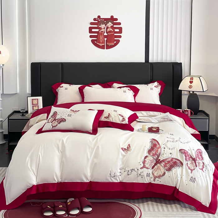 91家纺网 家纺一手货源 找家纺 （总）2025婚庆A类全棉四件套纯棉被套重工刺绣简约红色床单长绒棉结婚爆款床上用品