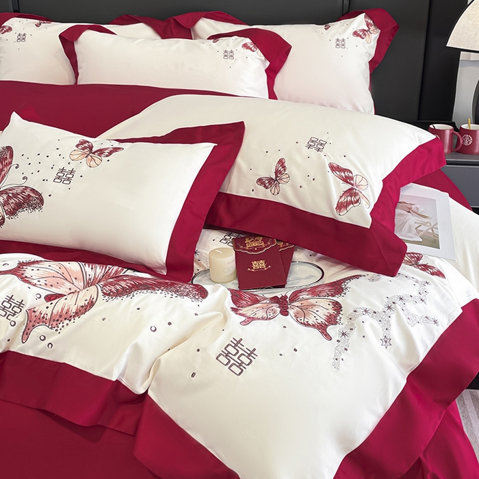 91家纺网 家纺一手货源 找家纺 （总）2025婚庆A类全棉四件套纯棉被套重工刺绣简约红色床单长绒棉结婚爆款床上用品