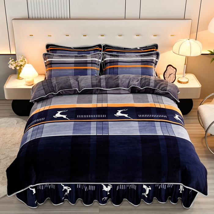 91家纺网 家纺一手货源 找家纺 2025新款230克8.5斤加厚高克重牛奶绒金貂绒法莱绒四件套冬季加绒法兰绒床裙款 极简主义