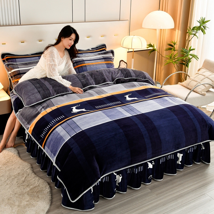 91家纺网 家纺一手货源 找家纺 2025新款230克8.5斤加厚高克重牛奶绒金貂绒法莱绒四件套冬季加绒法兰绒床裙款 极简主义