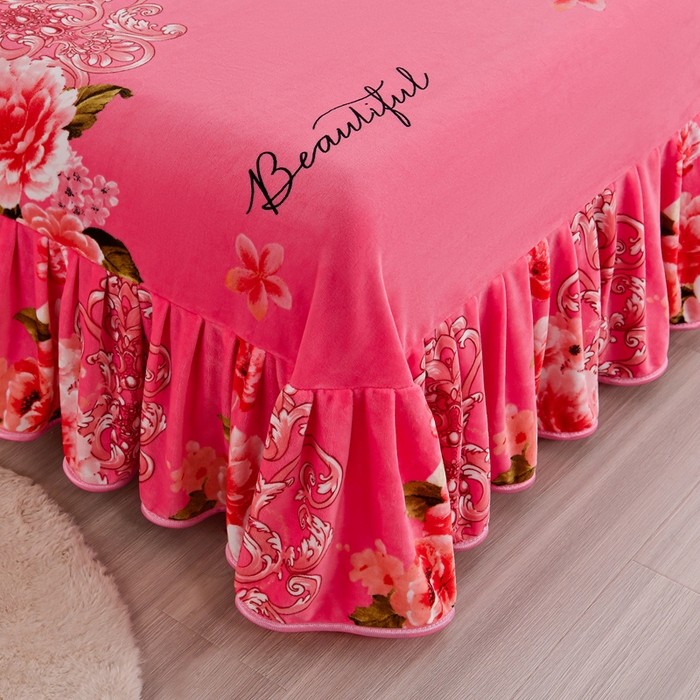 91家纺网 家纺一手货源 找家纺 2025新款230克8.5斤加厚高克重牛奶绒金貂绒法莱绒四件套冬季加绒法兰绒床裙款 花香迷人