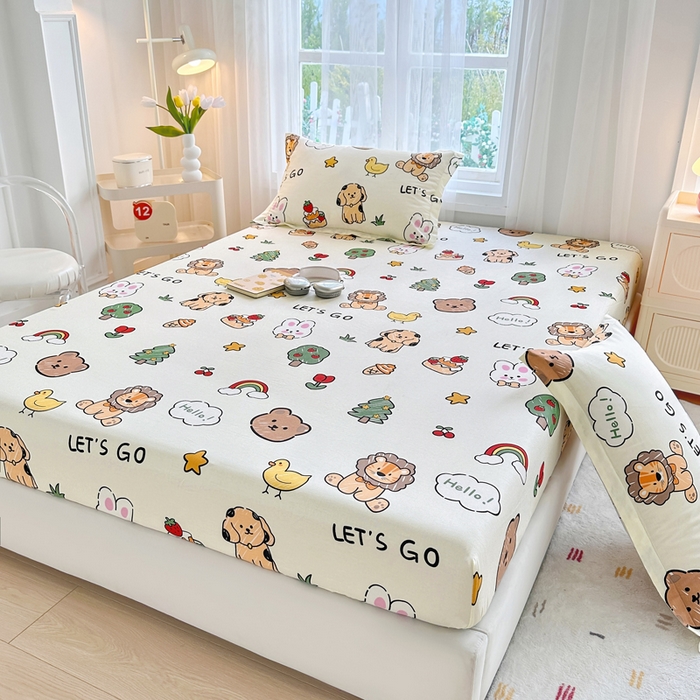 91家纺网 家纺一手货源 找家纺 金盛纺 2025新款13372全棉印花单品床笠 动物园