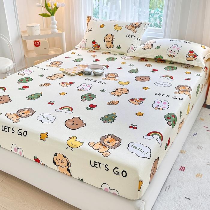 91家纺网 家纺一手货源 找家纺 金盛纺 2025新款13372全棉印花单品床笠 动物园